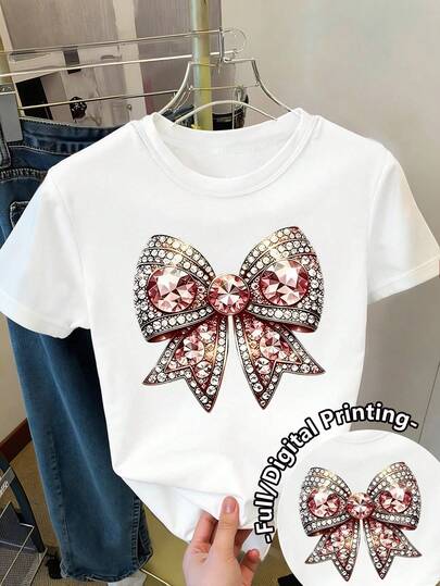 Tween Girls Spring And Summer Casual Fashion Creative Personalized Refreshing Chic Rhinestone Bow Decor Graphic Print Basic White Short T-Shirt, Comfortable Daily Wear, Cozy Summer And Fall Styles Suitable For Girls In Tween Girls Spring, Summer And Autumn