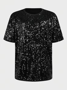 EASEVO Áo thun ngắn tay nam cỡ lớn phong cách đường phố đính sequin - màu đen - Xem 2