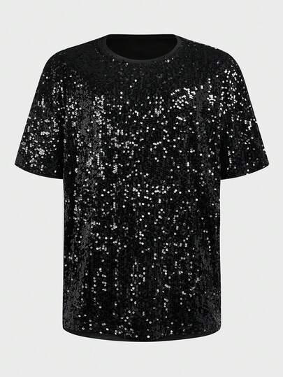 EASEVO Plus Size Men's Street Style Sequin Embellished Short Sleeve T-Shirt Structured And Wrinkle-Resistant  Elastic And Close-Fitting  Stretchy And Comfortable