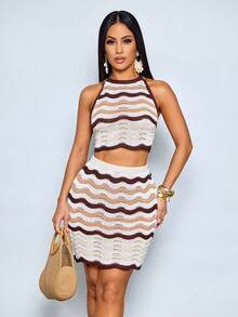 SOLERSUN Women's Spring/Summer Fashion Crochet Long Skirt Set: Striped Halter Neck Tie Knit Top, Striped Fitted Knit Skirt With Slit And Fan-Shaped Hem, Suitable For Everyday Casual Wear, Parties, And The Beach. - Brown - View 6