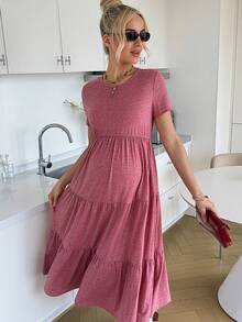 SHEIN Vestido de maternidad de unicolor con volantes en el bajo y cuello redondo de manga corta - Rosa - Ver 8