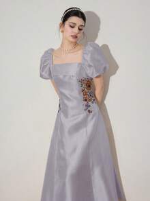 Modelyn 女士优雅花卉刺绣泡泡袖中长连衣裙，夏季 - 灰色 - 查看 6