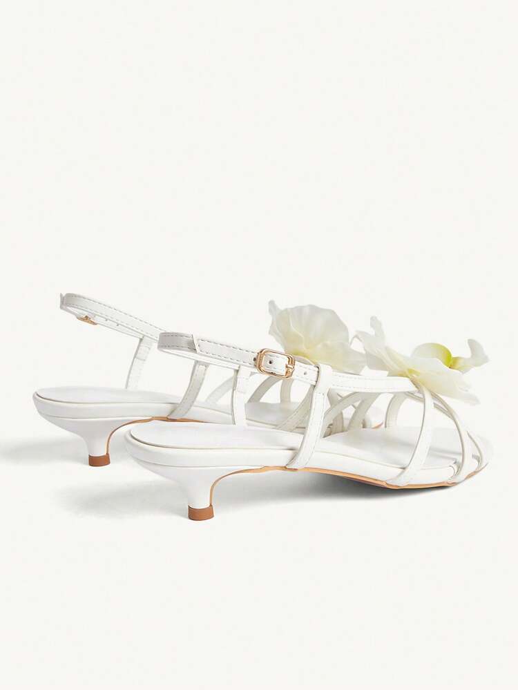 CUCCOO CHICEST Women's White PU Flower Decor Strap Elegant Fashion Kitten Heel Sandals Summer Shoes Wedding Shoes Bride Shoes