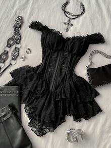 Attitoon 女士休闲复古束身蕾丝紧身不对称下摆迷你连衣裙，适合Y2K风格 - 黑色 - 查看 11