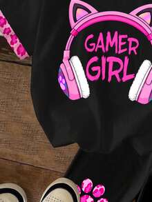 2件套少女休闲时尚可爱豹纹猫耳印花粉色豹纹黑色短袖T恤和短裤套装，适合夏季穿着 - 彩色 - 查看 6