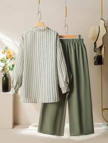 Lacomfia Women's Linen-Like Striped Loose Long Shirt And Wide Leg Pants Set, Casual Comfortable Versatile Plus Size - Multicolor - View 2