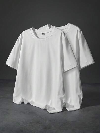 PAVTROS 2pcs Men's Solid Color Round Neck Short Sleeve T-Shirt Plain Tees