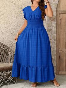 SHEIN LUNE 大码女式纹理面料飘逸长裙，夏季毕业礼服，7月4日白色毕业典礼服装 - 寶藍色 - 查看 8