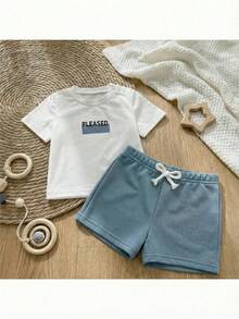 Loomiva Neugeborenes Baby Jungen/Mädchen Blume Muster Weicher Strick Rundhals Kurzarm Top und Elastischer Taille Shorts 2-teiliges Set - Blau-Weiß - Übersicht 8