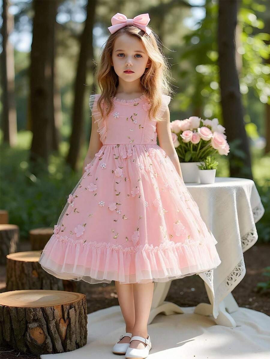 Souflis Souflis 2025春夏女童无袖碎花泡泡袖连衣裙，后背拉链，可爱甜美公主裙，适合日常穿着 - 粉色 - 查看 1