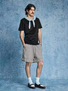 ROMWE MEN Street Life Men's Fine Plaid Drawstring Waist Pocket Ruffle Hem Casual Shorts - Black - View 8