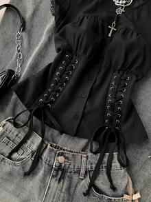 Attitoon 女士休闲复古系带褶皱修身衬衫，适合Y2K风格 - 黑色 - 查看 5