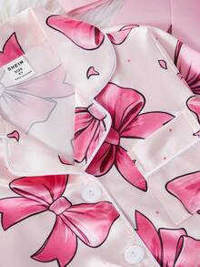 Set de 2 piezas de pijama informal y cómodo con pantalón largo y manga larga con estampado de moño en tela de tafetán para niñas jóvenes - Albaricoque - Ver 8