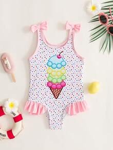 SHEIN Emery Rose Kids 小女孩夏季度假沙滩波点冰淇淋刺绣连体泳衣，女童冰淇淋印花可爱连体泳衣，小女孩冰淇淋泳装，连体泳衣套装，女童配套泳衣，配套泳装，花卉印花蝴蝶结沙滩连体泳衣，花卉图案蝴蝶结连体泳衣，可爱沙滩套装，花卉蝴蝶结小女孩连体泳衣 - 淺粉色 - 查看 8