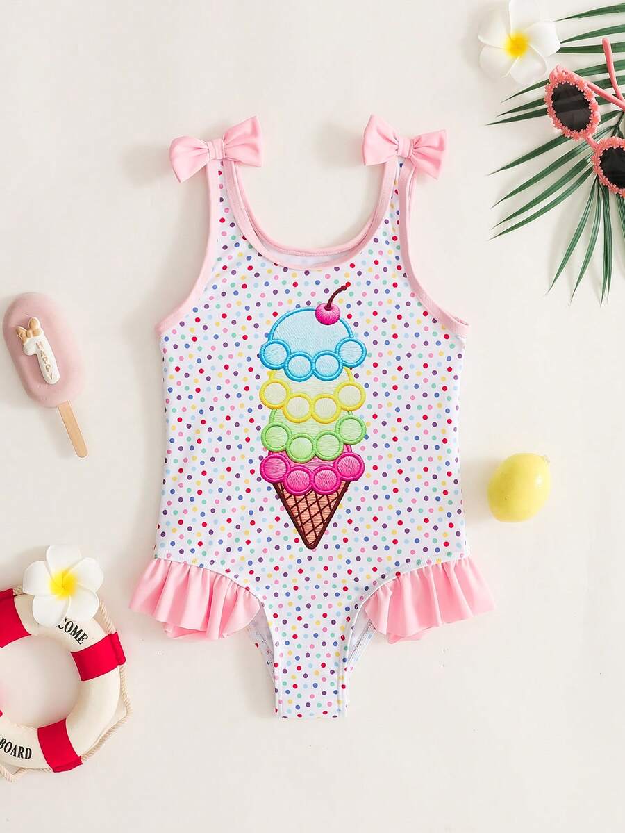 SHEIN Emery Rose Kids Đồ bơi một mảnh cho bé gái mùa hè đi biển họa tiết chấm bi & thêu kem, đồ bơi bé gái in kem dễ thương, đồ bơi một mảnh cho bé gái, đồ bơi một mảnh phối kem, đồ bơi phối cho bé gái, đồ bơi phối, đồ bơi in hoa nơ cho đi biển, đồ bơi một mảnh, đồ bơi một mảnh với họa tiết hoa và chi tiết nơ, đồ bơi đi biển dễ thương, đồ bơi hoa nơ cho bé gái, đồ bơi một mảnh - Màu Hồng baby - Xem 1