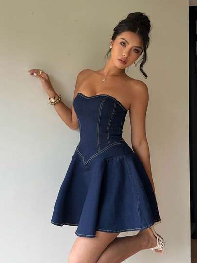 Siren Gaze Women's Summer Fashion Waist-Cinching Strapless Denim Dress