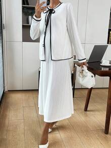 SHEIN Áo dài tay và quần dài giản dị cho bà bầu màu trắng và đen, trang phục hai mảnh - trắng - Xem 7