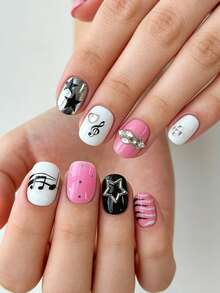 ROMWE Anime 10 Pieces Of Cute Cat Music Note Elements High-Quality Handmade Fake Nail Pieces + 3 Pieces Of Double-Sided Tape, Y2K Detachable Short Square Wearing Armor, Four-Season Reusable Glossy Fake Nail Pieces, Suitable For Holiday Parties, Dances And Daily Wear. - Multicolor - View 2