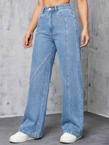 SHEIN EZwear 休闲水洗高腰直筒牛仔裤 - 淺色水洗藍 - 查看 3