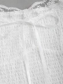 Sweetra Women's Textured White Bow Tie Splice Lace Trim Square Neck Sweet Cute Vacation Style T-Shirt - White - View 5