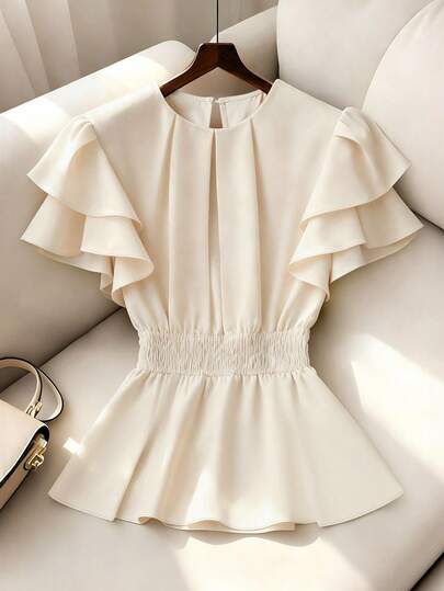SHEIN Franclia Women's Solid Color Round Neck Pleated Ruffle Waist Short Sleeve Blouse