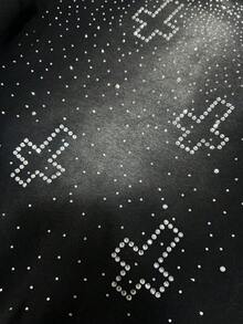 ROMWE MEN 男士抽绳腰带交叉水钻图案休闲百搭日常水洗短裤 - 黑色 - 查看 2