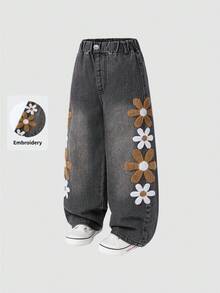 女童時尚雪花水洗破洞花卉刺繡寬腿牛仔褲 70年代風 向日葵母女套裝 Mom Mommy And Me - 黑色 - 查看 3