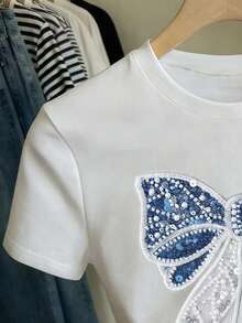 Camiseta de manga corta con cuello redondo y decoración de lazo para adolescentes, adecuada para uso diario, salidas y escuela - Blanco - Ver 3