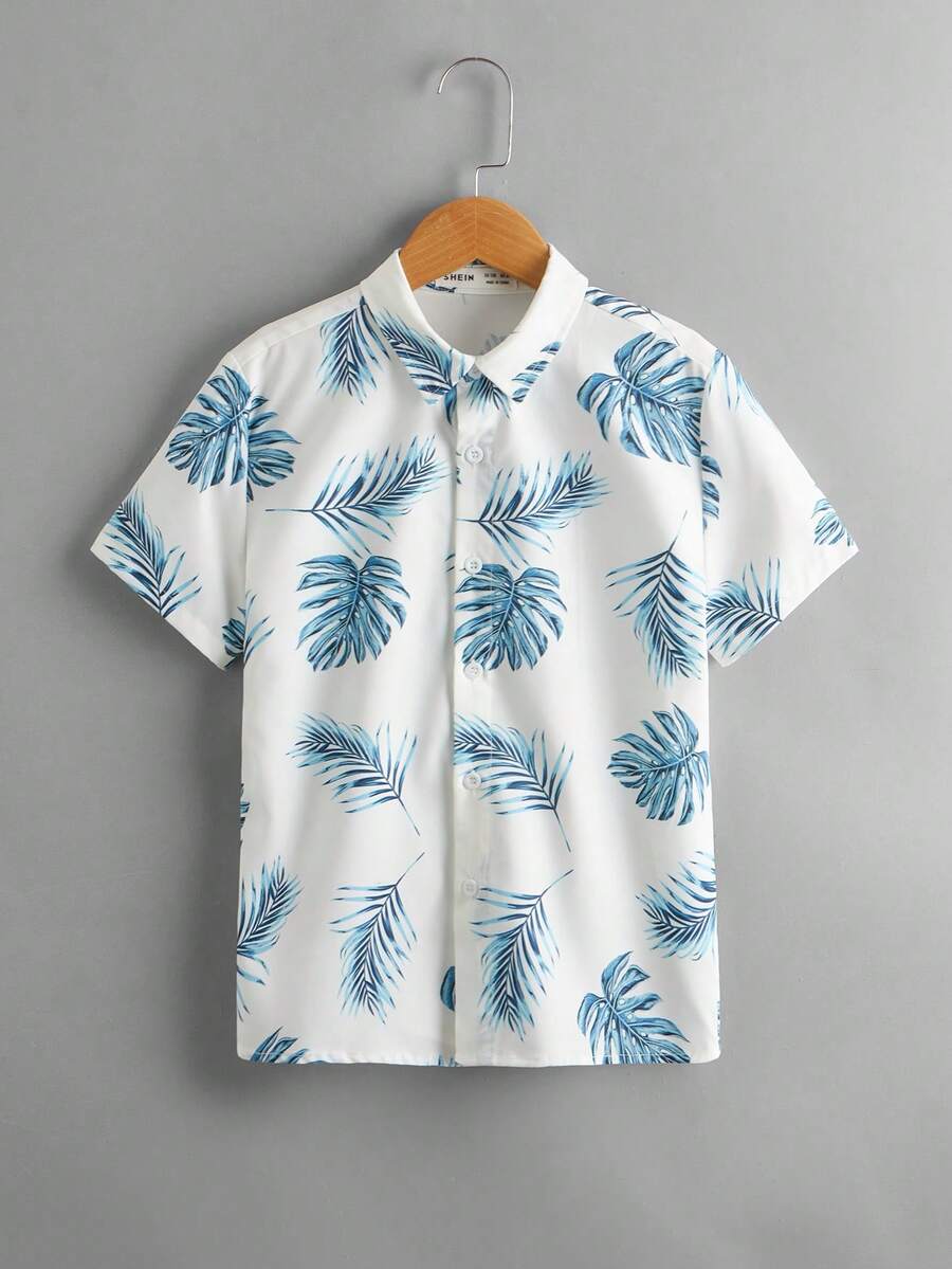 SHEIN 男童热带印花休闲衬衫 - 藍色 - 查看 1