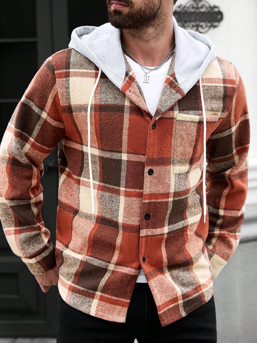Manfinity Homme Áo khoác nam cỡ lớn kẻ caro có mũ trùm đầu, dây rút, kiểu dáng thường ngày, không kèm áo thun bên trong, quà tặng cho bạn trai. - Nhiều màu - Xem 1