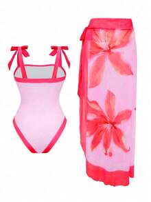 SHEIN Swim 2件套 女士简约随机印花吊带蝴蝶结连体泳衣和系带沙滩裙 夏季泳装 - 彩色 - 查看 2