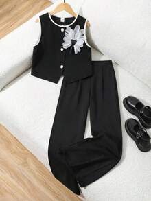 SHEIN Tween Girls Colorblock 3D Floral Decor Sleeveless T-Shirt And Solid Color Shorts Set - Black - View 4