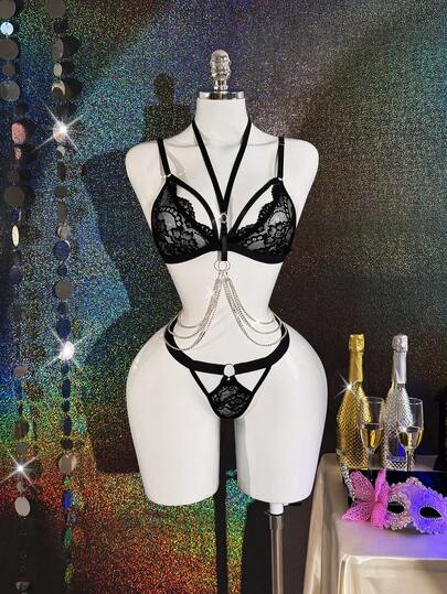 3pcs Lace Black Sensual Diamond Chain Luxury Sexy Set