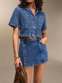 SHEIN 女士牛仔两件套短裙和露脐衬衫款式牛仔套装 - 中等水洗藍 - 查看 5