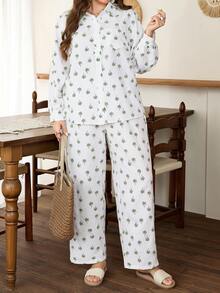 Lacomfia Plus Size Women 2-Piece Set, Long Sleeve Top And Pants, Vacation Floral Retro Print, Casual Pajama Sets For Women - Multicolor - View 4