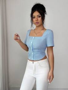 SHEIN Elenzya 女士休闲条纹印花方领短袖修身露脐衬衫，适合夏季、度假、日常穿着和工作场合。 - 藍色 - 查看 5