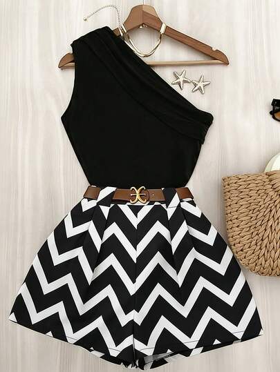 INAWLY 夏季新款休闲加大码两件套，时尚通勤高弹黑色褶皱单肩上衣搭配弹力腰裤，夏季优雅套装，印花短裤，黑色斜肩上衣，女士度假套装