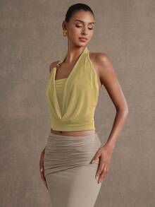 L'Amorae 女士夏季不对称圆环装饰露背垂褶领上衣 - 黃色 - 查看 4