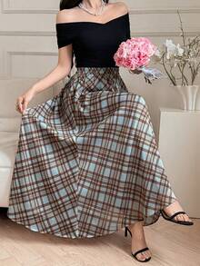 DAZY Women's Elastic Waist Plaid Casual Commuter Skirt - Coffee Brown - View 2