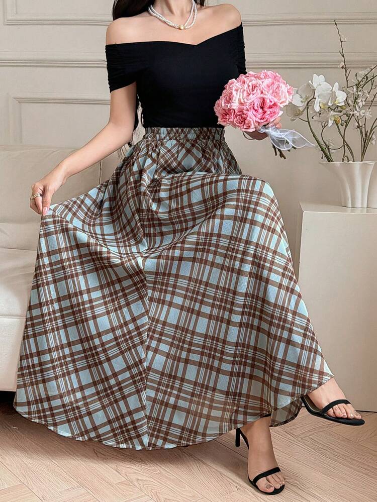 Women's Elastic Waist Plaid Casual Commuter Skirt