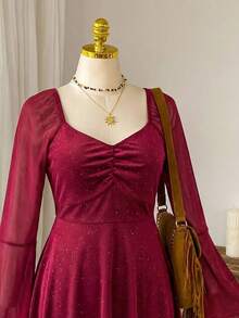 CovetEZ Flared Hem Burgundy Short Plus Size Dress With Ruched Bust And Extra-Long Flare Sleeves For Elegant Women - Burgundy - View 1