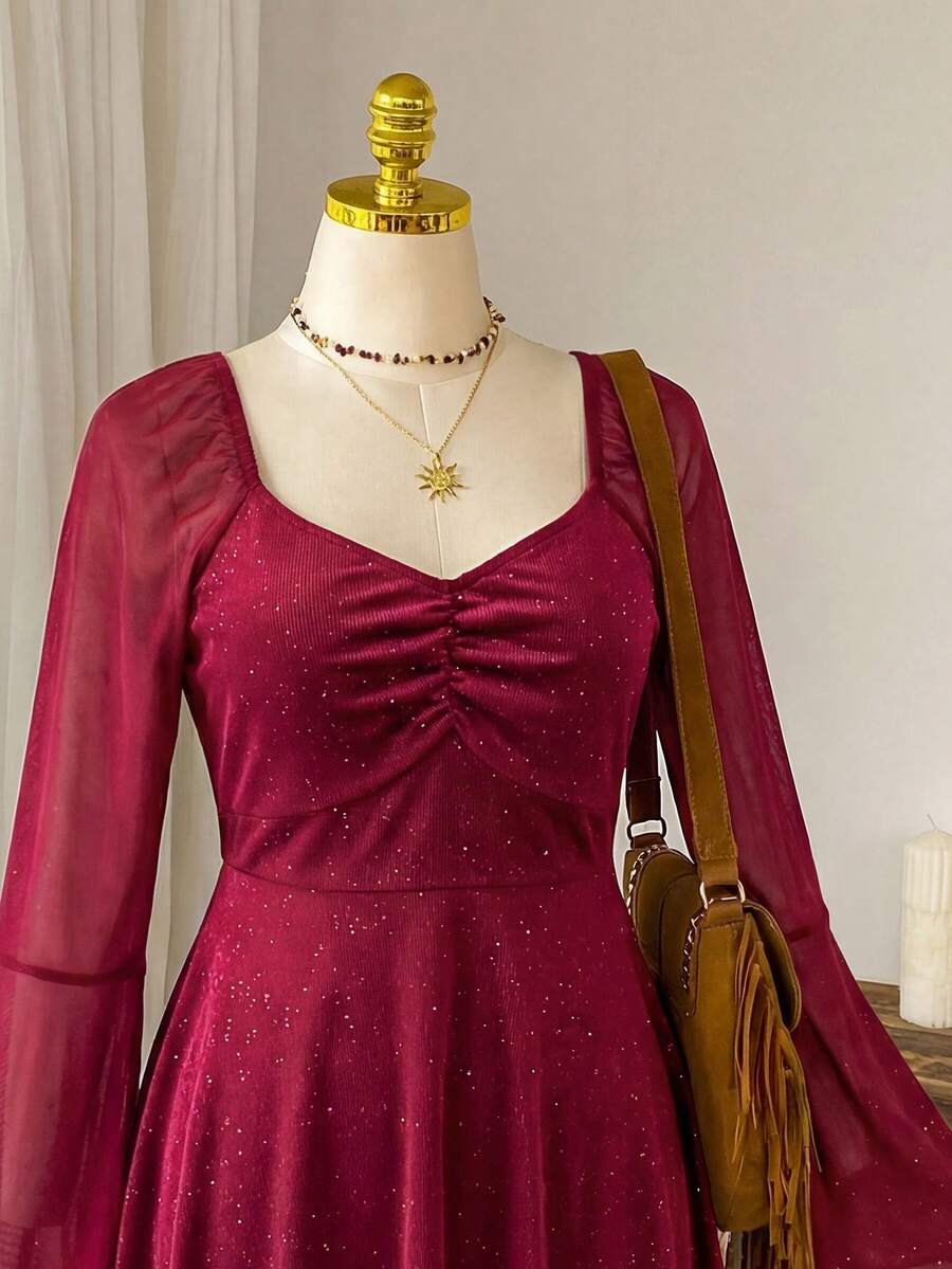 CovetEZ Flared Hem Burgundy Short Plus Size Dress With Ruched Bust And Extra-Long Flare Sleeves For Elegant Women - Burgundy - View 1