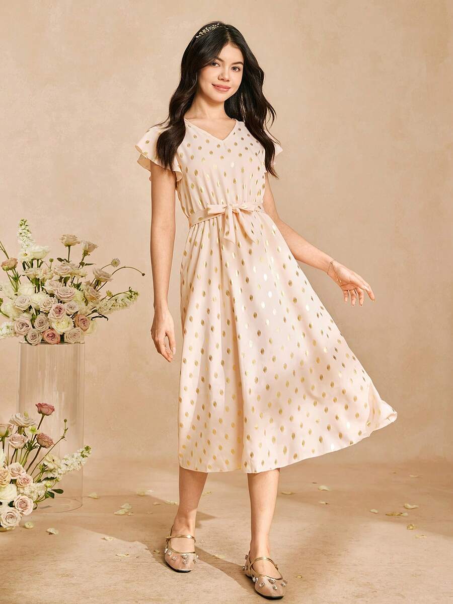 优雅奢华的莲藕粉色箔片短袖V领收腰华丽柔软连衣裙，适合少女 - 粉色 - 查看 1