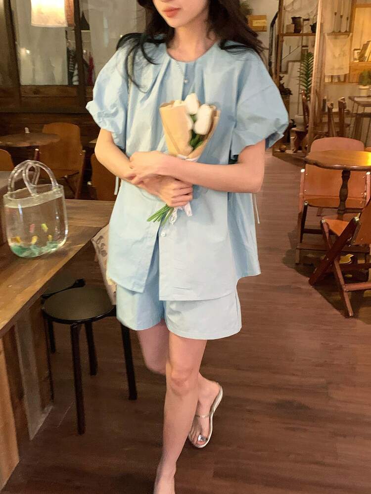 Women's Solid Color Loose Pleated Drawstring Princess Sleeve Shirt And Straight Leg Shorts Casual Holiday 2-Piece Set, Spring/Summer