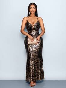 SOLERSUN Fashionable Leopard Print Backless Halter Dress For Party Club Night Black Summer - Black - View 7