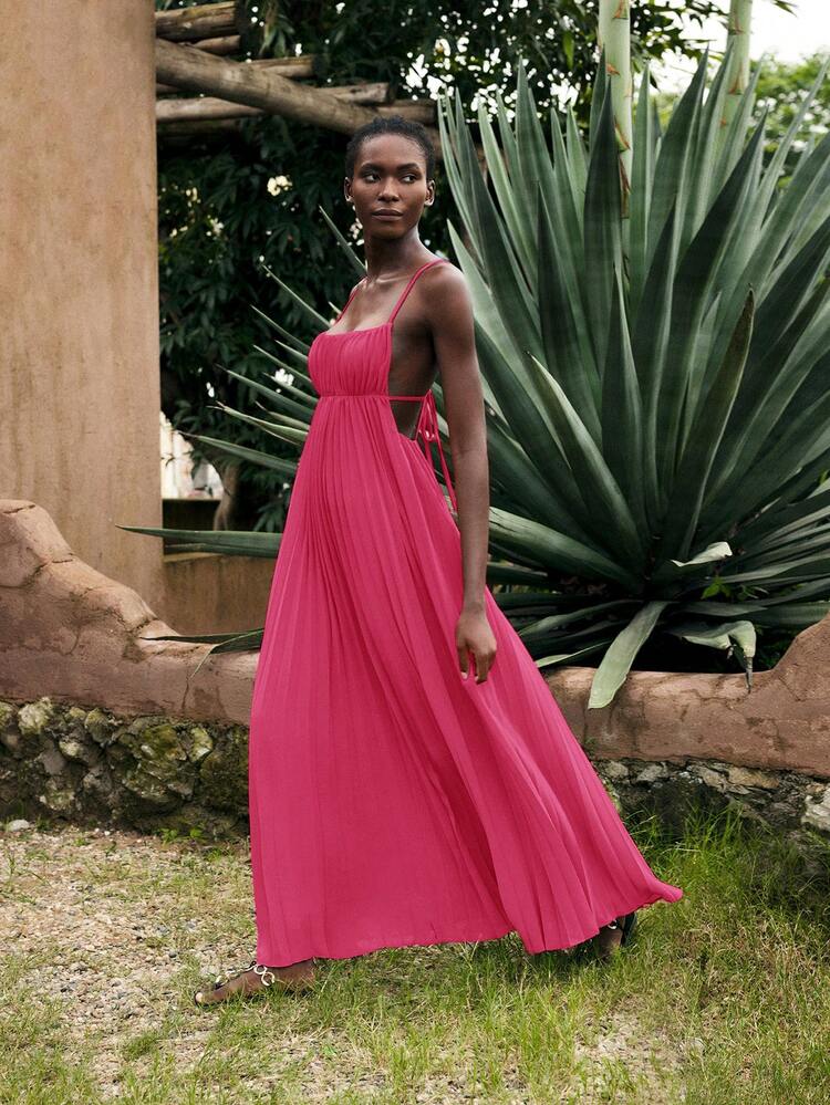 SHEIN Maija Women's Hot Pink Semi-Sheer Pleated Maxi Cami Dress With Spaghetti Strap Neckline Sleeveless Woven Fabric Sexy Plain Style