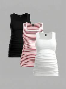 Modmama 3pcs/Set Maternity Round Neck Pleated Casual Versatile Daily Wear Tops - Red - View 3