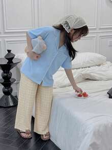 DAZY 少女修身短袖纽扣上衣和格子裤睡衣套装 - 藍色 - 查看 7