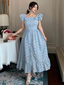 DAZY Đầm slip tay ngắn xếp ly họa tiết hoa nhí, đầm maxi cổ vuông thanh lịch dành cho công sở. - Màu xanh lam - Xem 4