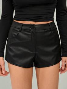 SHEIN Tall PU Leather Solid Color Zipper High-Waist Shorts Black Shorts For Women Black Leather Shorts Black Skort For Women - Black - View 11